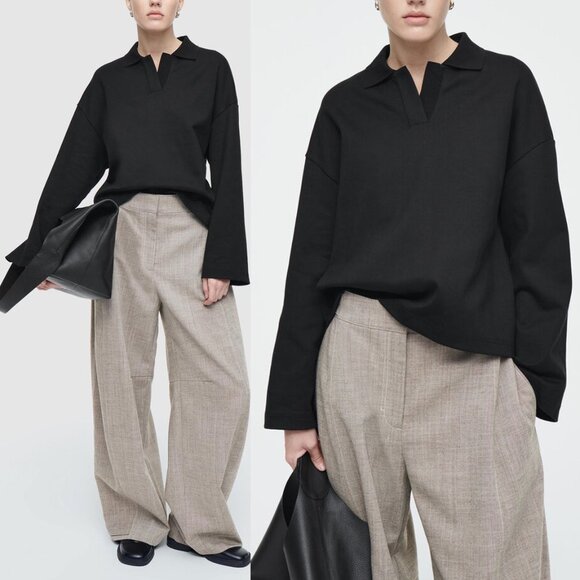 COS Jersey Rugby Shirt Top XS Black Collar V Neck Wide Long Sleeves Minimalist - Picture 1 of 16